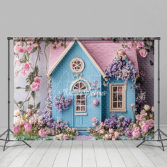 Aperturee - Aperturee Spring Floral Wooden Blue Pink House Photo Backdrop