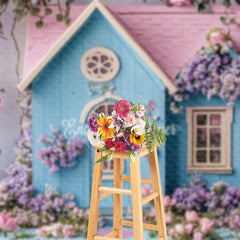 Aperturee - Aperturee Spring Floral Wooden Blue Pink House Photo Backdrop