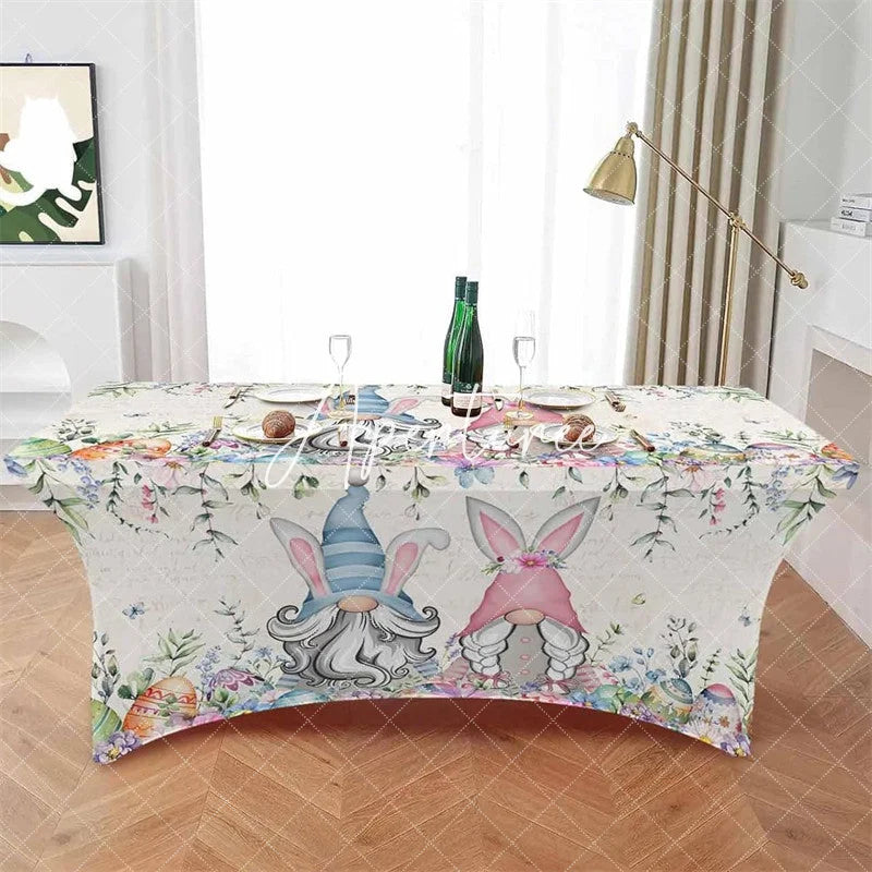Aperturee - Aperturee Spring Flower Gnome Easter Eggs Fitted Stretch Table Cover