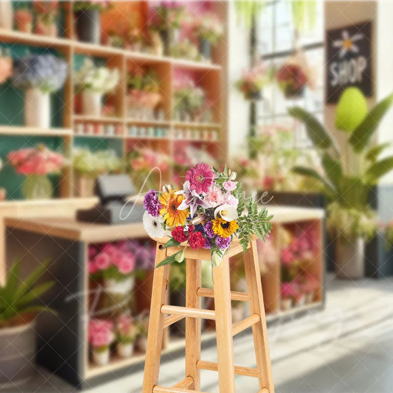 Aperturee - Aperturee Spring Flower Shop Interior Backdrop Wood Counter and Colorful Bouquets Photography Background for Small Business