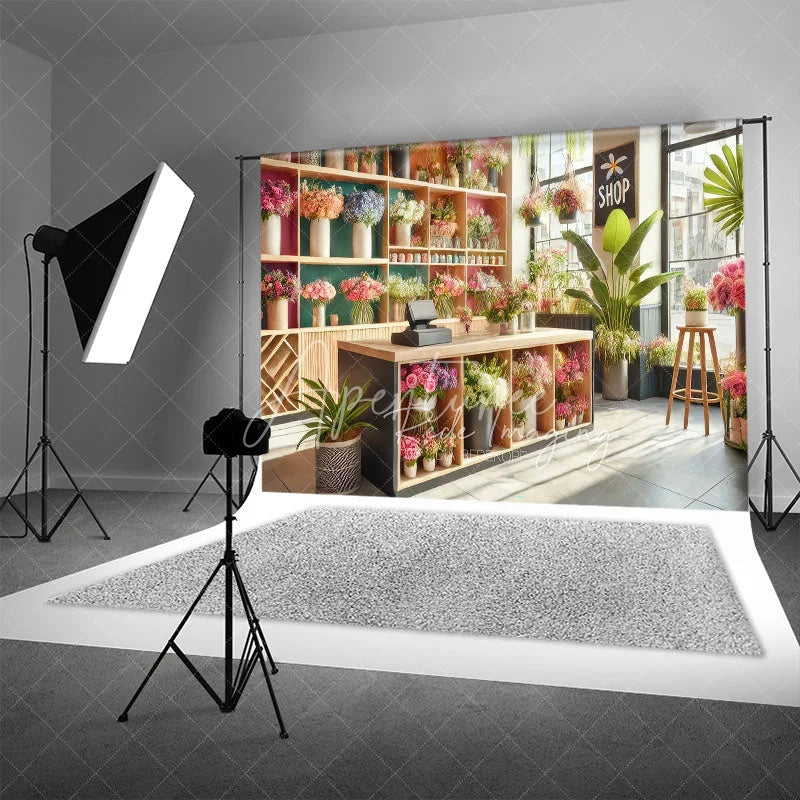 Aperturee - Aperturee Spring Flower Shop Interior Backdrop Wood Counter and Colorful Bouquets Photography Background for Small Business