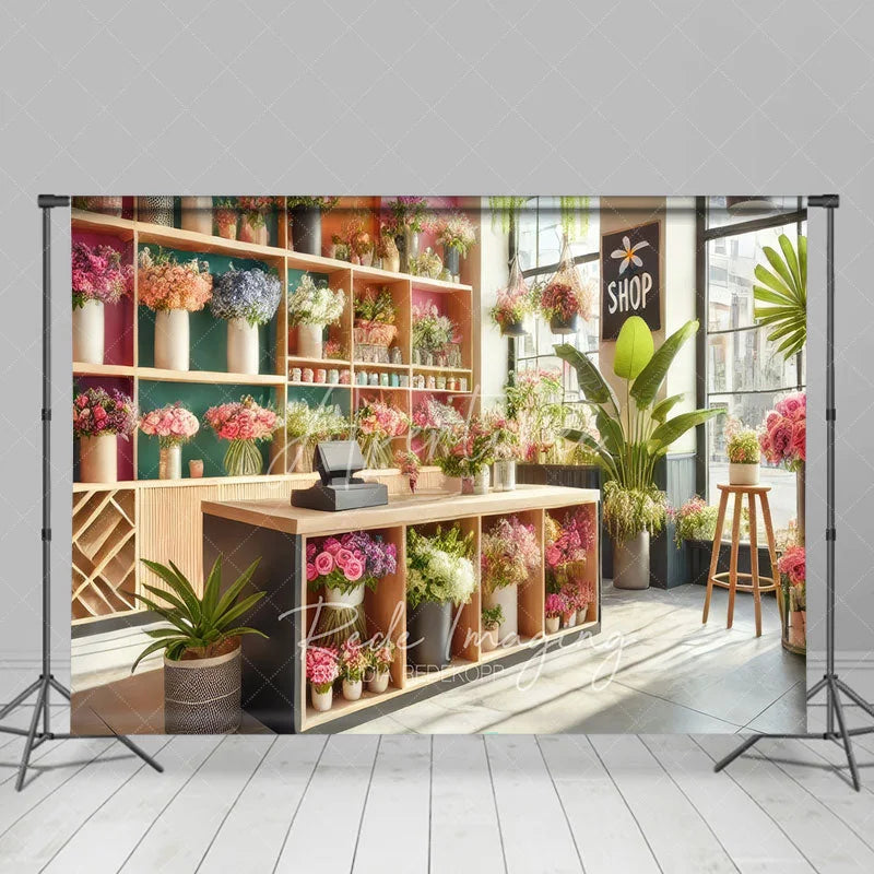 Aperturee - Aperturee Spring Flower Shop Interior Backdrop Wood Counter and Colorful Bouquets Photography Background for Small Business