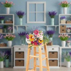 Aperturee Aperturee Spring Flower Shop Wall Backdrop White Shelves with Tulips and Lavender Modern Floral Studio Photography Prop
