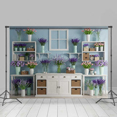 Aperturee Aperturee Spring Flower Shop Wall Backdrop White Shelves with Tulips and Lavender Modern Floral Studio Photography Prop