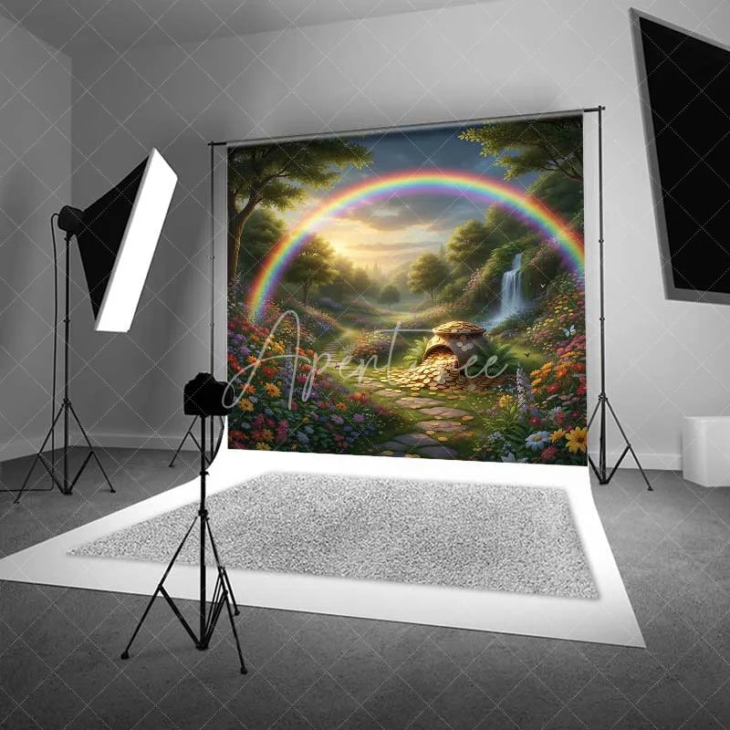 Aperturee - Aperturee Spring Forest Pot of Gold Photography Backdrop Rainbow Waterfall Nature Photo Background St Patricks Day Decor