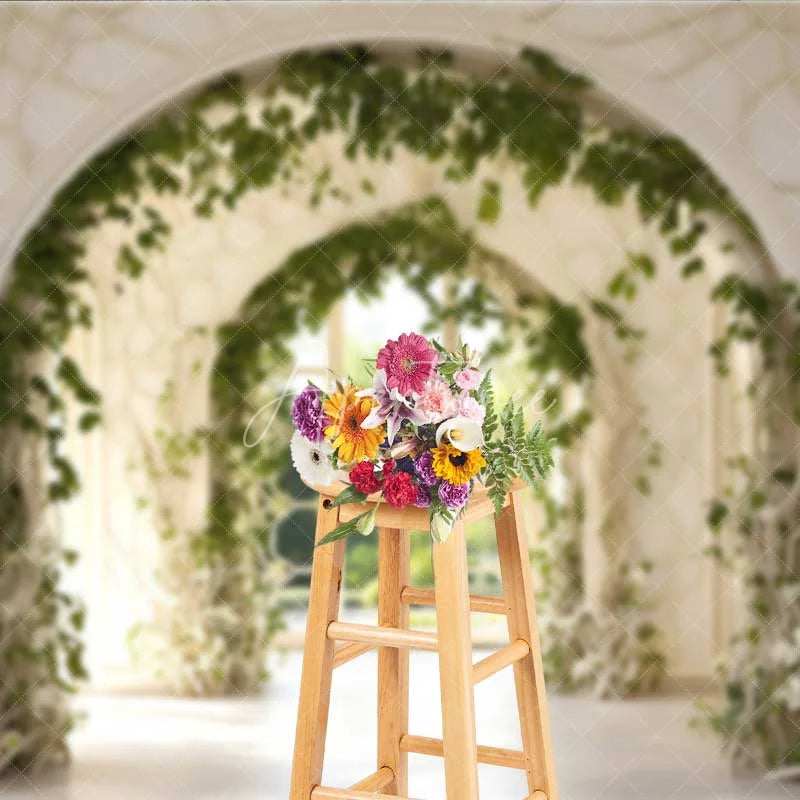 Aperturee - Aperturee Spring Garden Arch Backdrop White Architecture Green Vine Photography Background Wedding Floral Gate Photo Prop