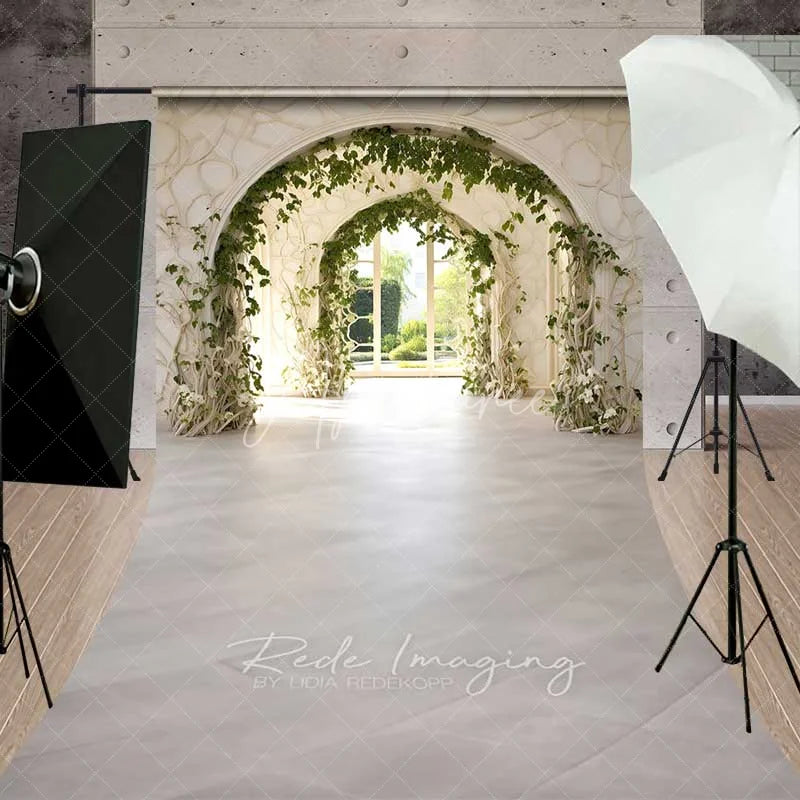 Aperturee - Aperturee Spring Garden Arch Sweep Photo Backdrop White Architecture Green Vine Background Wedding Floral Gate Floor Prop