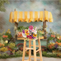 Aperturee - Aperturee Spring Garden Carrot Cart Easter Photography Backdrop Yellow Awning and Colorful Flowers Studio Background
