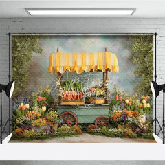 Aperturee - Aperturee Spring Garden Carrot Cart Easter Photography Backdrop Yellow Awning and Colorful Flowers Studio Background