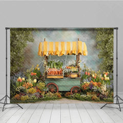 Aperturee - Aperturee Spring Garden Carrot Cart Easter Photography Backdrop Yellow Awning and Colorful Flowers Studio Background