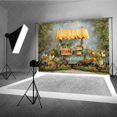 Aperturee - Aperturee Spring Garden Carrot Cart Easter Photography Backdrop Yellow Awning and Colorful Flowers Studio Background