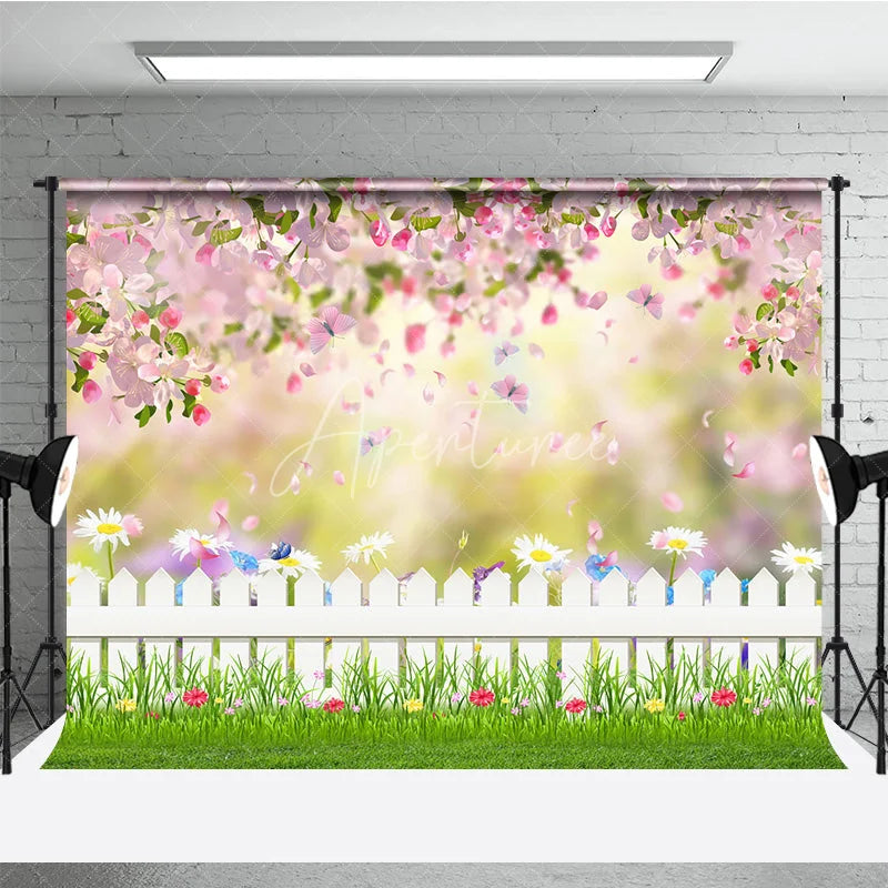 Aperturee - Aperturee Spring Garden Combo Set Backdrop Pink Flower Fence Grass Photography Prop Easter Butterfly Nature Photo Background