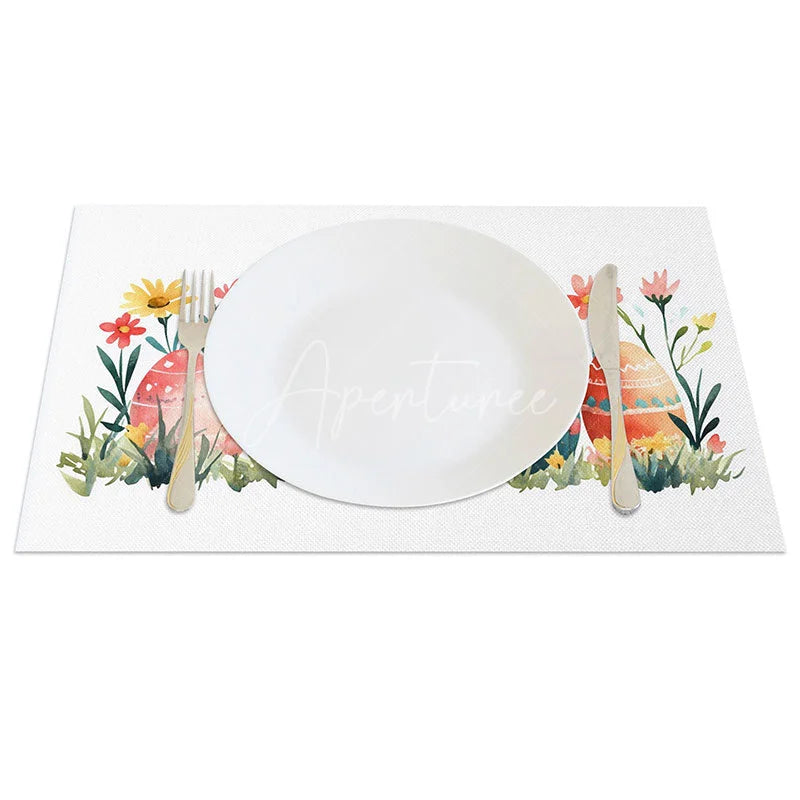 Aperturee - Aperturee Spring Garden Easter Eggs Set of 4 Placemats Red Yellow Wildflower Table Mats Nature Holiday Home Decoration