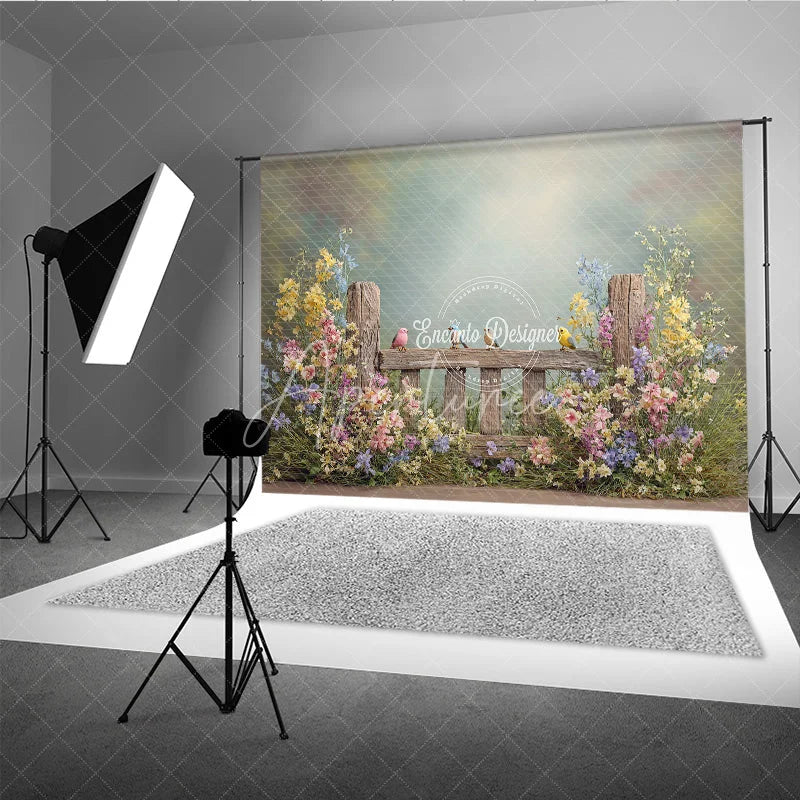 Aperturee - Aperturee Spring Garden Fence Backdrop Wildflower with Birds Photo Prop Rustic Wooden Fence for Party Background