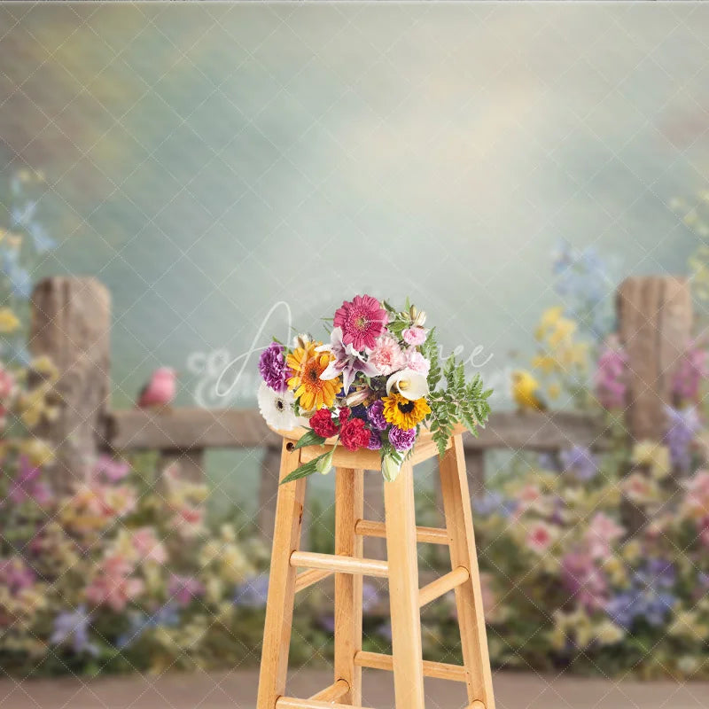 Aperturee - Aperturee Spring Garden Fence Backdrop Wildflower with Birds Photo Prop Rustic Wooden Fence for Party Background
