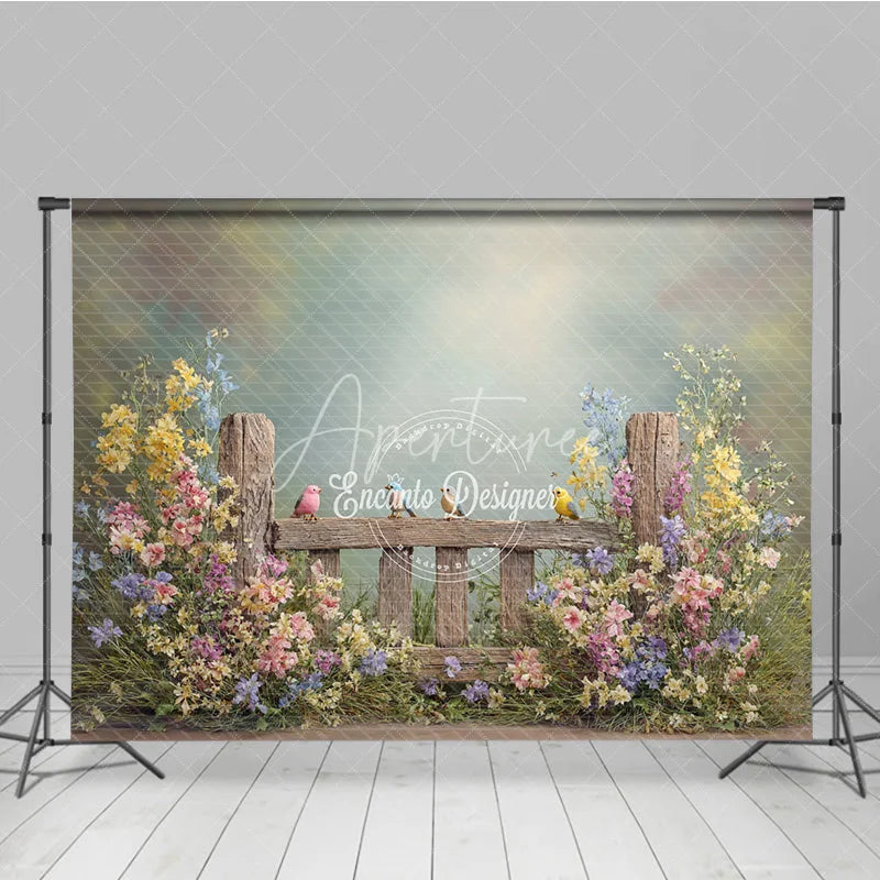 Aperturee - Aperturee Spring Garden Fence Backdrop Wildflower with Birds Photo Prop Rustic Wooden Fence for Party Background