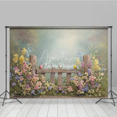 Aperturee - Aperturee Spring Garden Fence Backdrop Wildflower with Birds Photo Prop Rustic Wooden Fence for Party Background