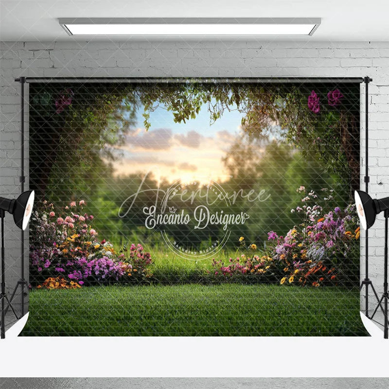 Aperturee - Aperturee Spring Garden Floral Arch Combo Set Backdrop Nature Sunset Park Scenery Grass Floor Photography Prop