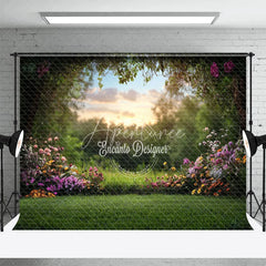 Aperturee - Aperturee Spring Garden Floral Arch Combo Set Backdrop Nature Sunset Park Scenery Grass Floor Photography Prop
