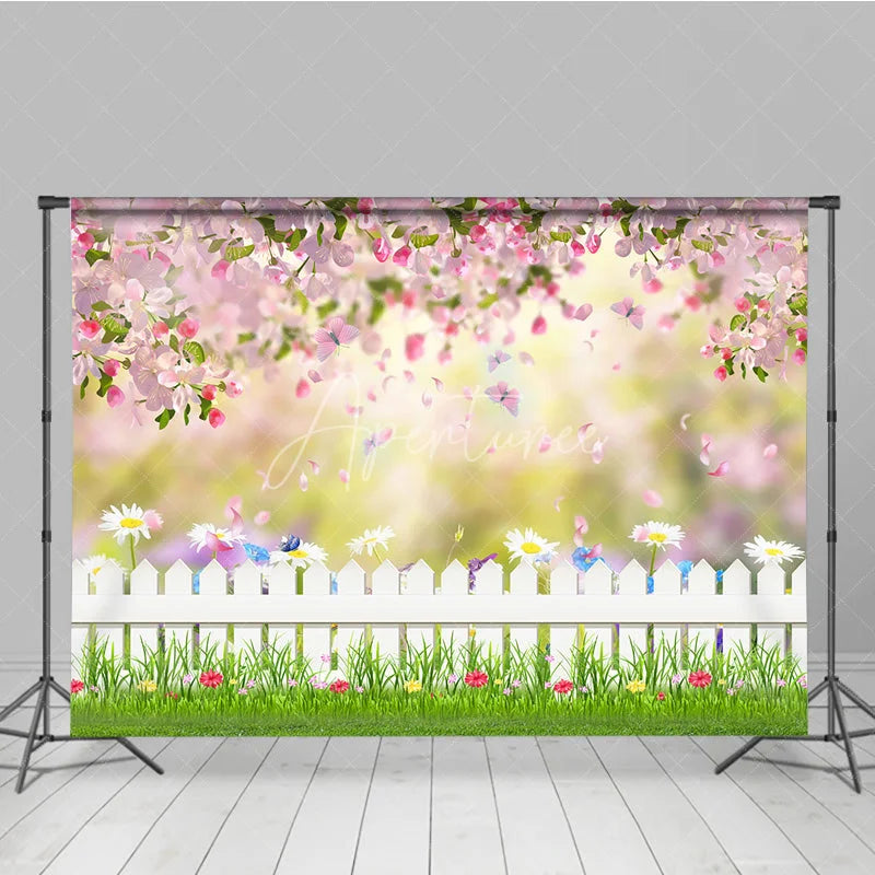 Aperturee - Aperturee Spring Garden Photography Backdrop Pink Blossom White Fence Background Butterfly Grass Photo Prop