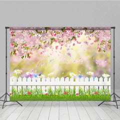 Aperturee - Aperturee Spring Garden Photography Backdrop Pink Blossom White Fence Background Butterfly Grass Photo Prop
