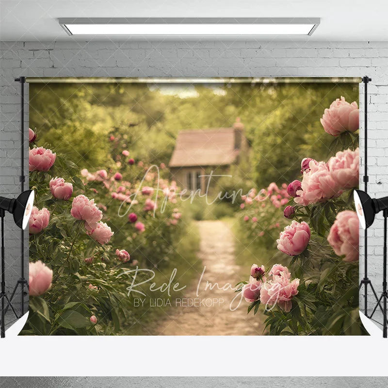 Aperturee - Aperturee Spring Garden Pink Peony Path Backdrop Romantic Floral Cottage Photography Background for Wedding
