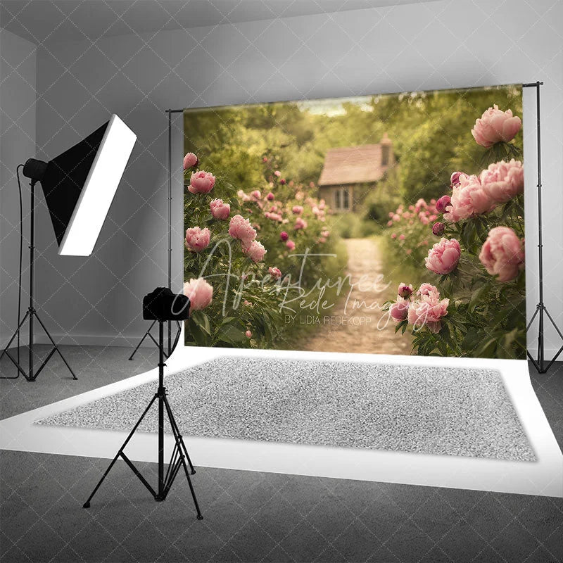 Aperturee - Aperturee Spring Garden Pink Peony Path Backdrop Romantic Floral Cottage Photography Background for Wedding