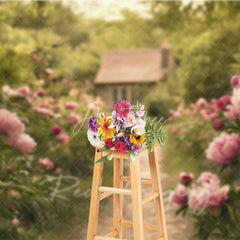 Aperturee - Aperturee Spring Garden Pink Peony Path Backdrop Romantic Floral Cottage Photography Background for Wedding