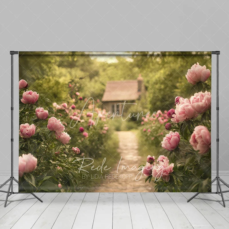Aperturee - Aperturee Spring Garden Pink Peony Path Backdrop Romantic Floral Cottage Photography Background for Wedding