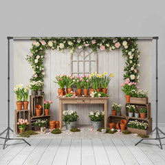 Aperturee Aperturee Spring Garden Potting Bench Photography Backdrop Rustic Table with Tulips Daffodils and Flowers Market Photo Prop