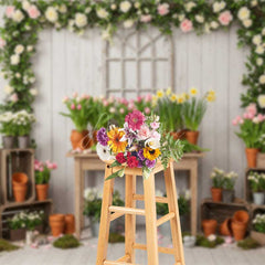 Aperturee Aperturee Spring Garden Potting Bench Photography Backdrop Rustic Table with Tulips Daffodils and Flowers Market Photo Prop