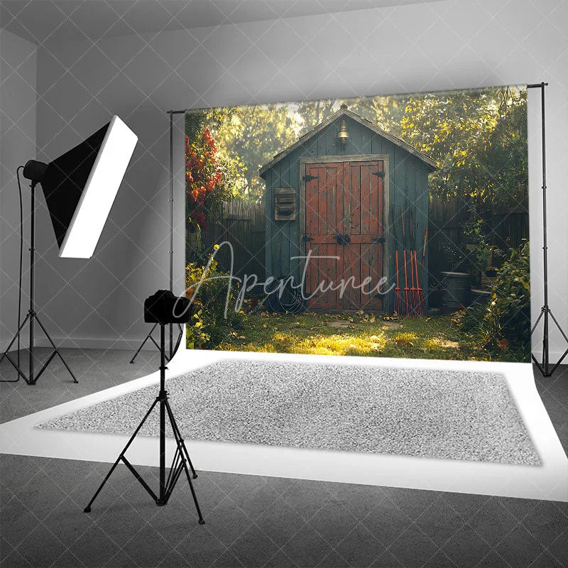 Aperturee - Aperturee Spring Garden Shed Backdrop Blue Wood House with Red Door Gardening Tools Yard Photography Background