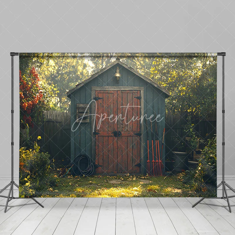 Aperturee - Aperturee Spring Garden Shed Backdrop Blue Wood House with Red Door Gardening Tools Yard Photography Background