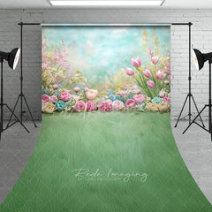 Aperturee - Aperturee Spring Garden Tulips Backdrop Pastel Pink Flowers and Green Grass Meadow Floral Baby Shower Background