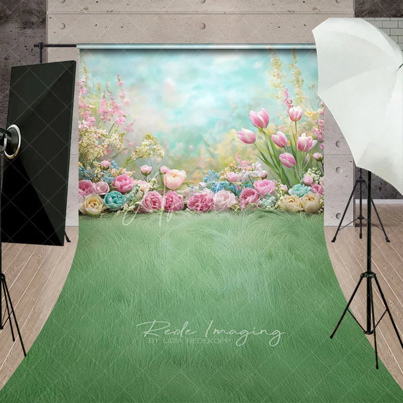 Aperturee - Aperturee Spring Garden Tulips Backdrop Pastel Pink Flowers and Green Grass Meadow Floral Baby Shower Background