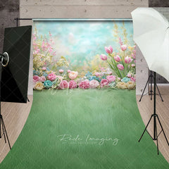 Aperturee - Aperturee Spring Garden Tulips Backdrop Pastel Pink Flowers and Green Grass Meadow Floral Baby Shower Background