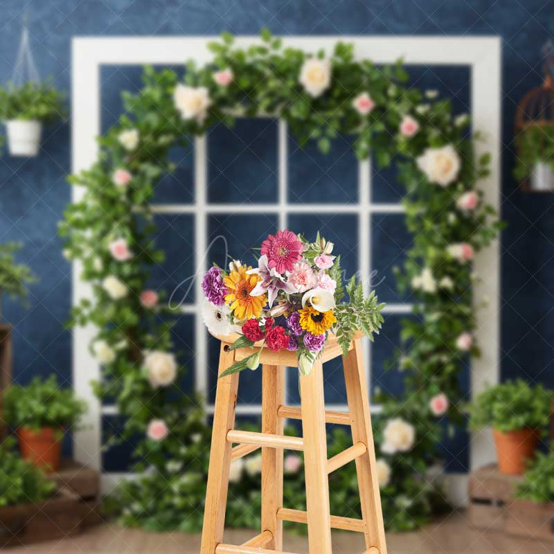Aperturee Aperturee Spring Garden Window Backdrop White Frame with Rose and Greenery Wreath Elegant Studio Photography Photo Prop