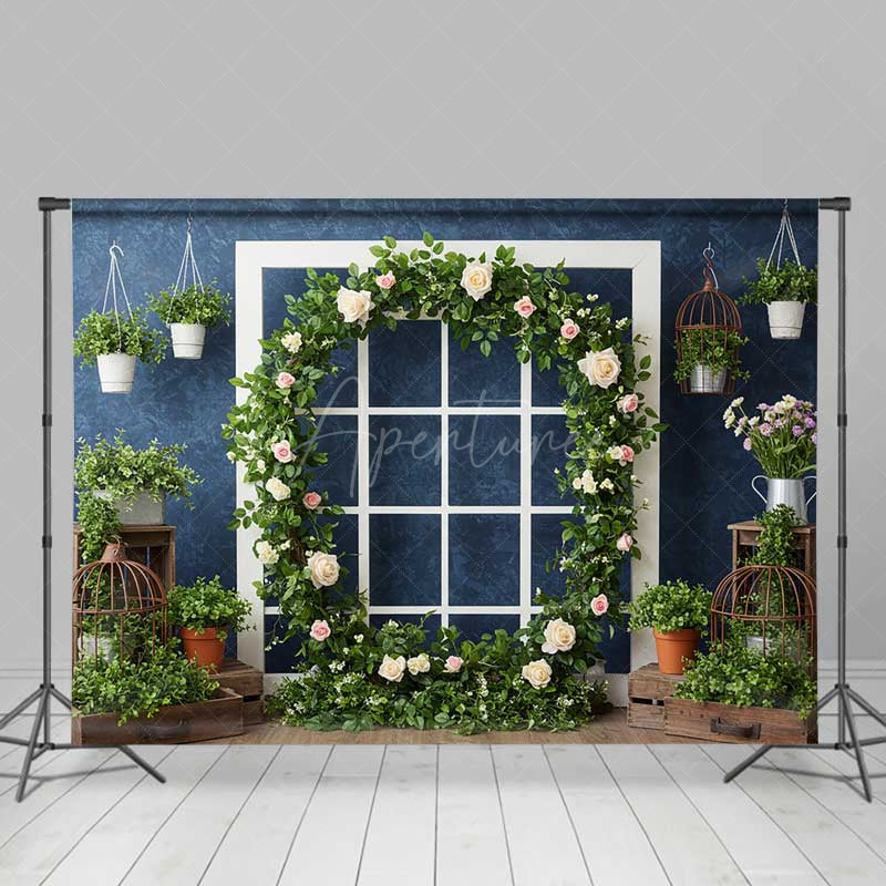 Aperturee Aperturee Spring Garden Window Backdrop White Frame with Rose and Greenery Wreath Elegant Studio Photography Photo Prop