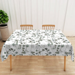 Aperturee - Aperturee Spring Green Rectangle Tablecloth with Botanical Leaf Drawings for Modern Farmhouse and Kitchen Decor