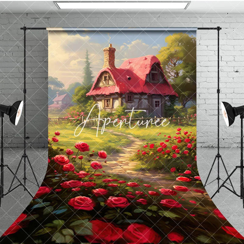 Aperturee - Aperturee Spring Greenery Red Rose Cabin Garden Sweep Backdrop