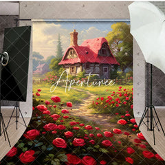 Aperturee - Aperturee Spring Greenery Red Rose Cabin Garden Sweep Backdrop
