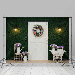 Aperturee Aperturee Spring Greenery Wall Backdrop White Farmhouse Barn Door with Wreath Rustic Garden Themed Photography Prop