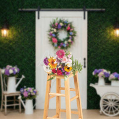 Aperturee Aperturee Spring Greenery Wall Backdrop White Farmhouse Barn Door with Wreath Rustic Garden Themed Photography Prop