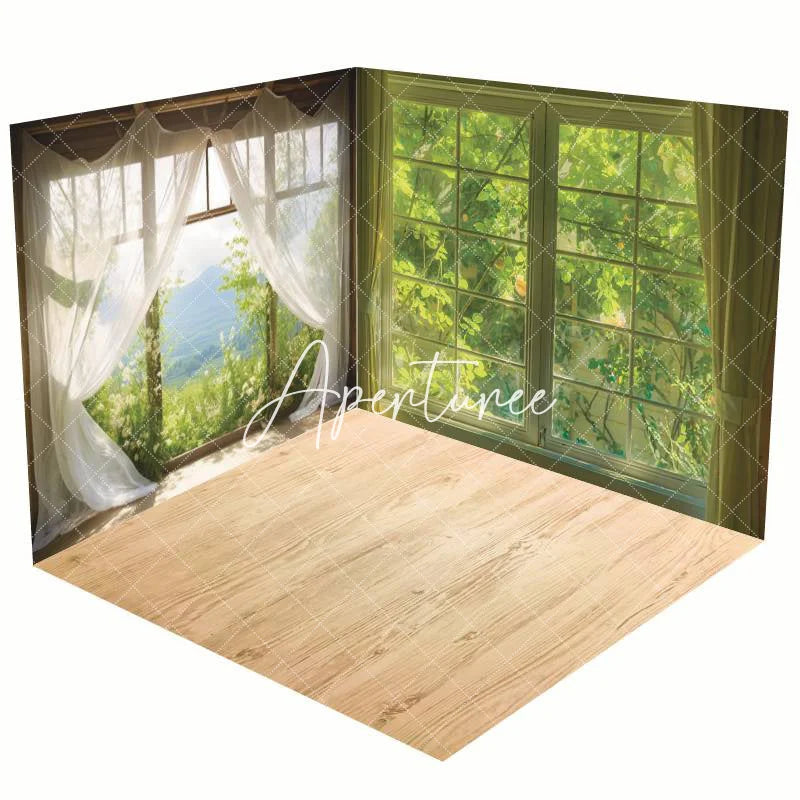 Aperturee - Aperturee Spring Greenery Window Scenery Room Set Backdrop