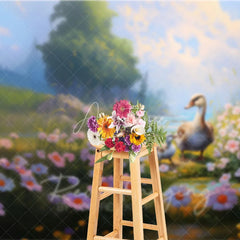 Aperturee - Aperturee Spring Lake Photography Backdrop Cute Swans and Pink Daisy Flowers Grassy Bank Background for Kids Portraits