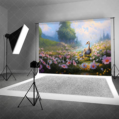 Aperturee - Aperturee Spring Lake Photography Backdrop Cute Swans and Pink Daisy Flowers Grassy Bank Background for Kids Portraits