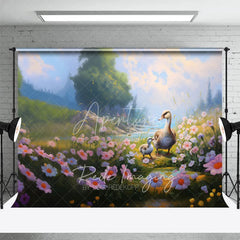 Aperturee - Aperturee Spring Lake Photography Backdrop Cute Swans and Pink Daisy Flowers Grassy Bank Background for Kids Portraits
