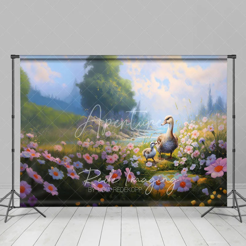 Aperturee - Aperturee Spring Lake Photography Backdrop Cute Swans and Pink Daisy Flowers Grassy Bank Background for Kids Portraits