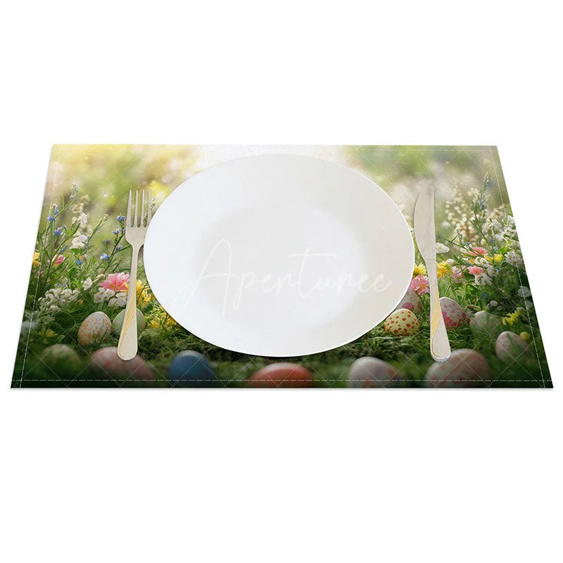 Aperturee - Aperturee Spring Meadow Bunny Set of 4 Placemats Rabbit with Eggs Soft Bokeh Easter Holiday Table Mats