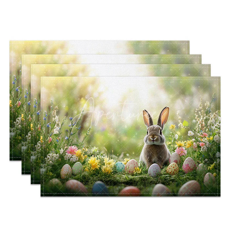 Aperturee - Aperturee Spring Meadow Bunny Set of 4 Placemats Rabbit with Eggs Soft Bokeh Easter Holiday Table Mats